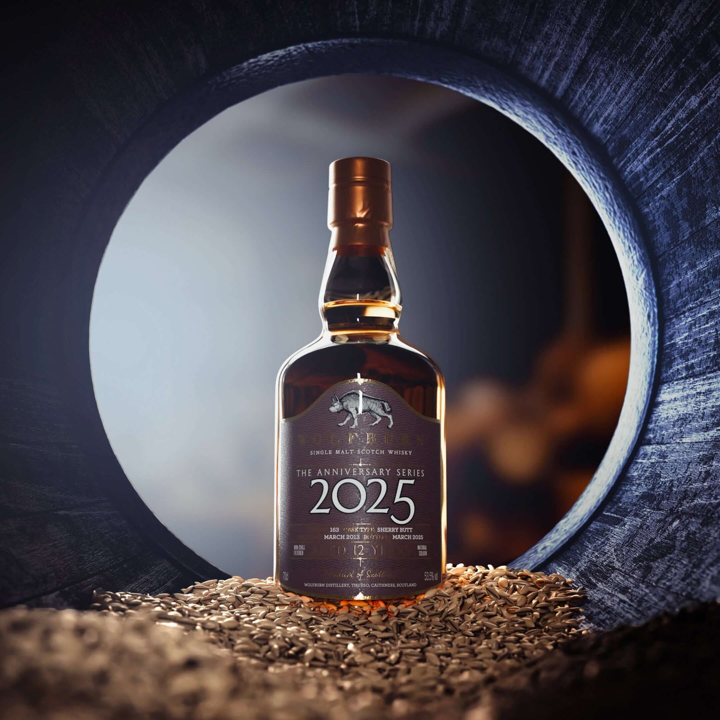 2025 Anniversary bottle inside chared cask