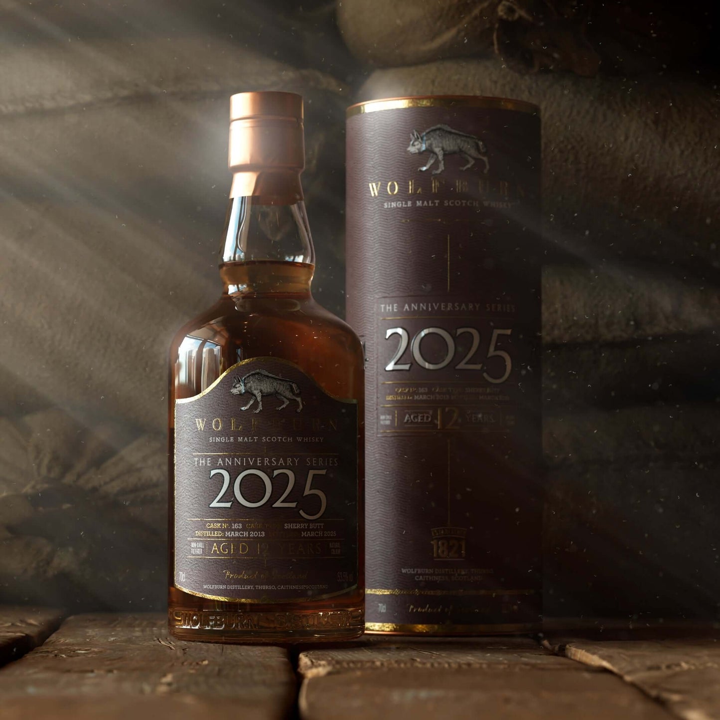 2025 Anniversary bottle and tube in old warehouse with sunlight