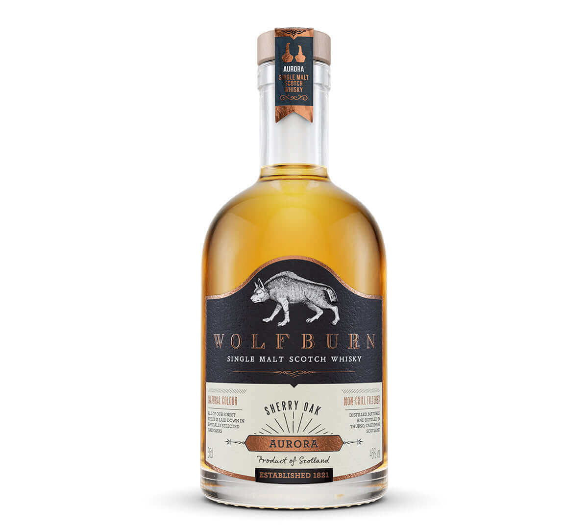 Aurora Single Malt Scotch Whisky bottle featuring sherry oak maturation and distinct branding.