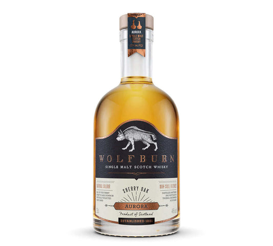 Aurora Single Malt Scotch Whisky bottle featuring sherry oak maturation and distinct branding.