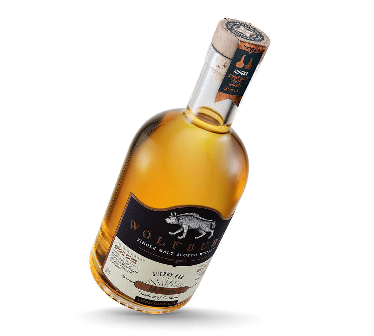 Aurora Single Malt Scotch Whisky – 46% vol. 35cl, matured in bourbon and sherry casks.