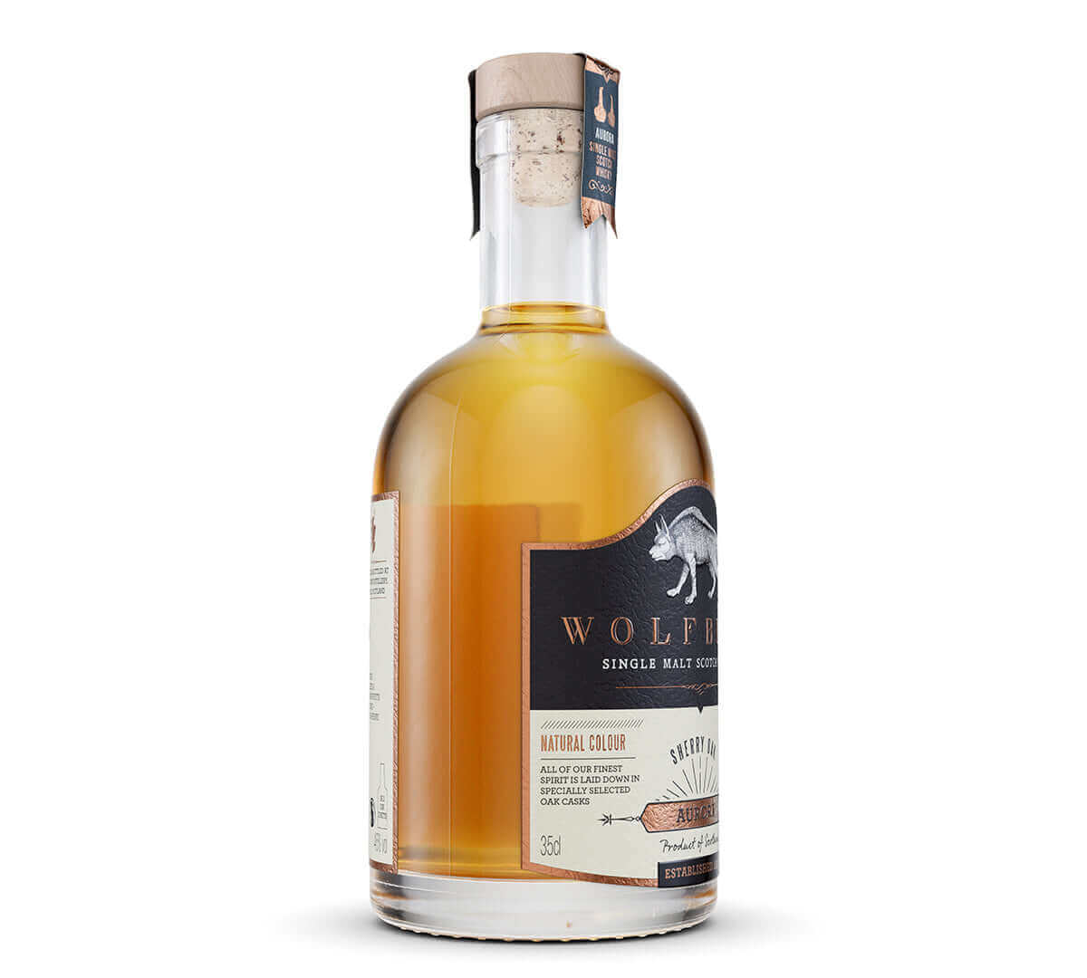 Aurora Single Malt Scotch Whisky bottle with natural color, aged in oak casks, 35cl, 46% vol.