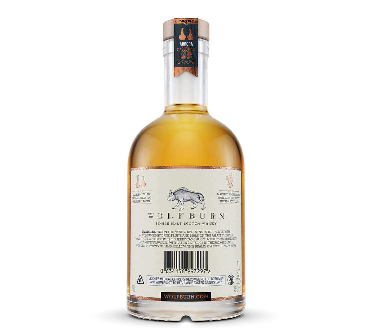 Wolfburn Single Malt Scotch Whisky bottle showcasing unique branding and back label details.