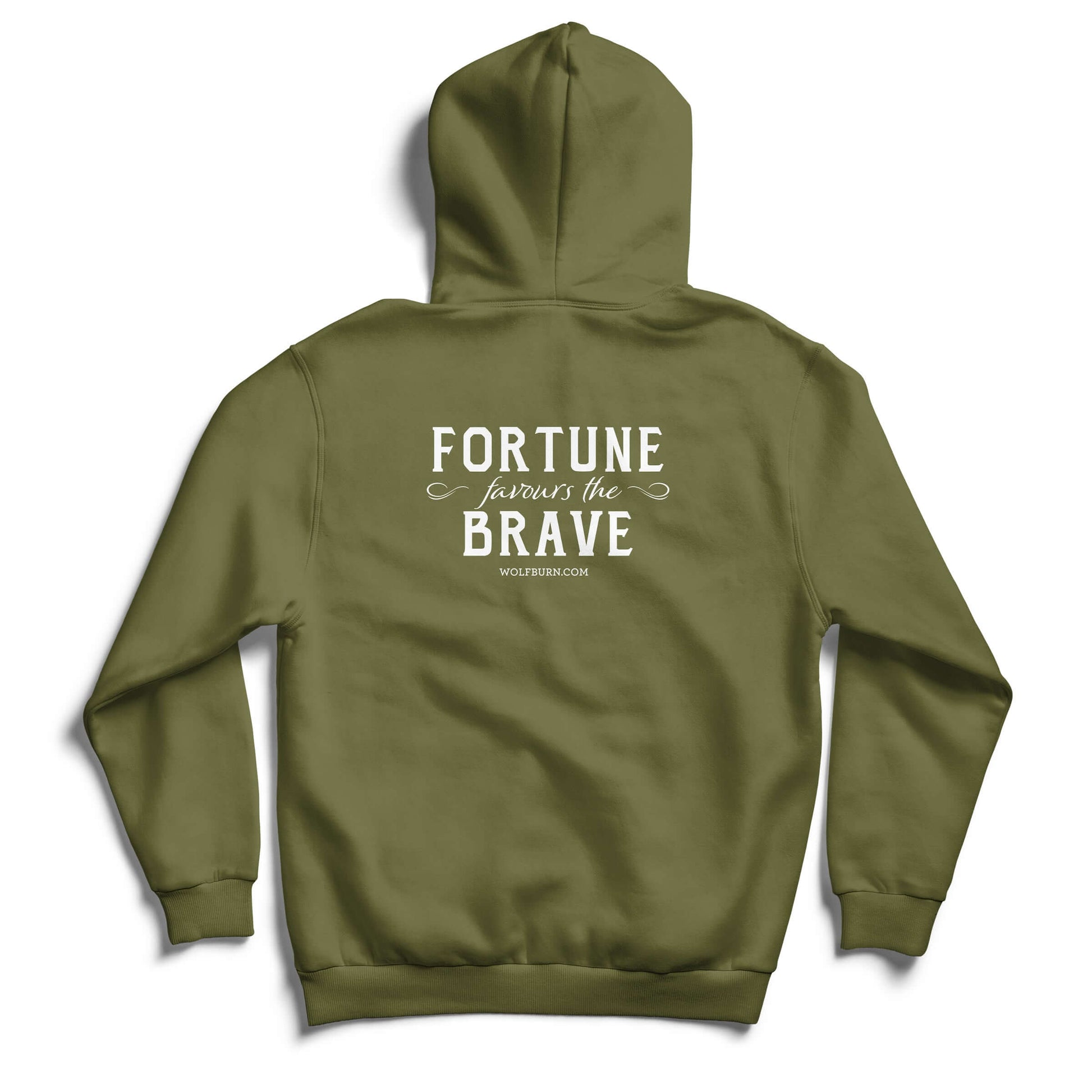 Army green hoodie with 'Wolfburn' logo on the chest and 'The Brave' text on the back, featuring a comfortable hooded design.