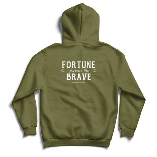 Army green hoodie with 'Wolfburn' logo on the chest and 'The Brave' text on the back, featuring a comfortable hooded design.