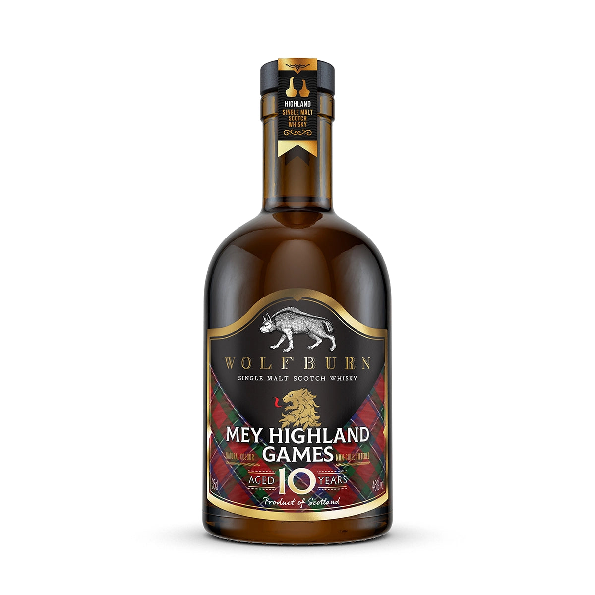 A bottle of Wolfburn '35cl Mey Highland Games' aged 10 years single malt Scotch whisky, featuring a dark label with gold lettering and a wolf graphic, set against a plain white background.
