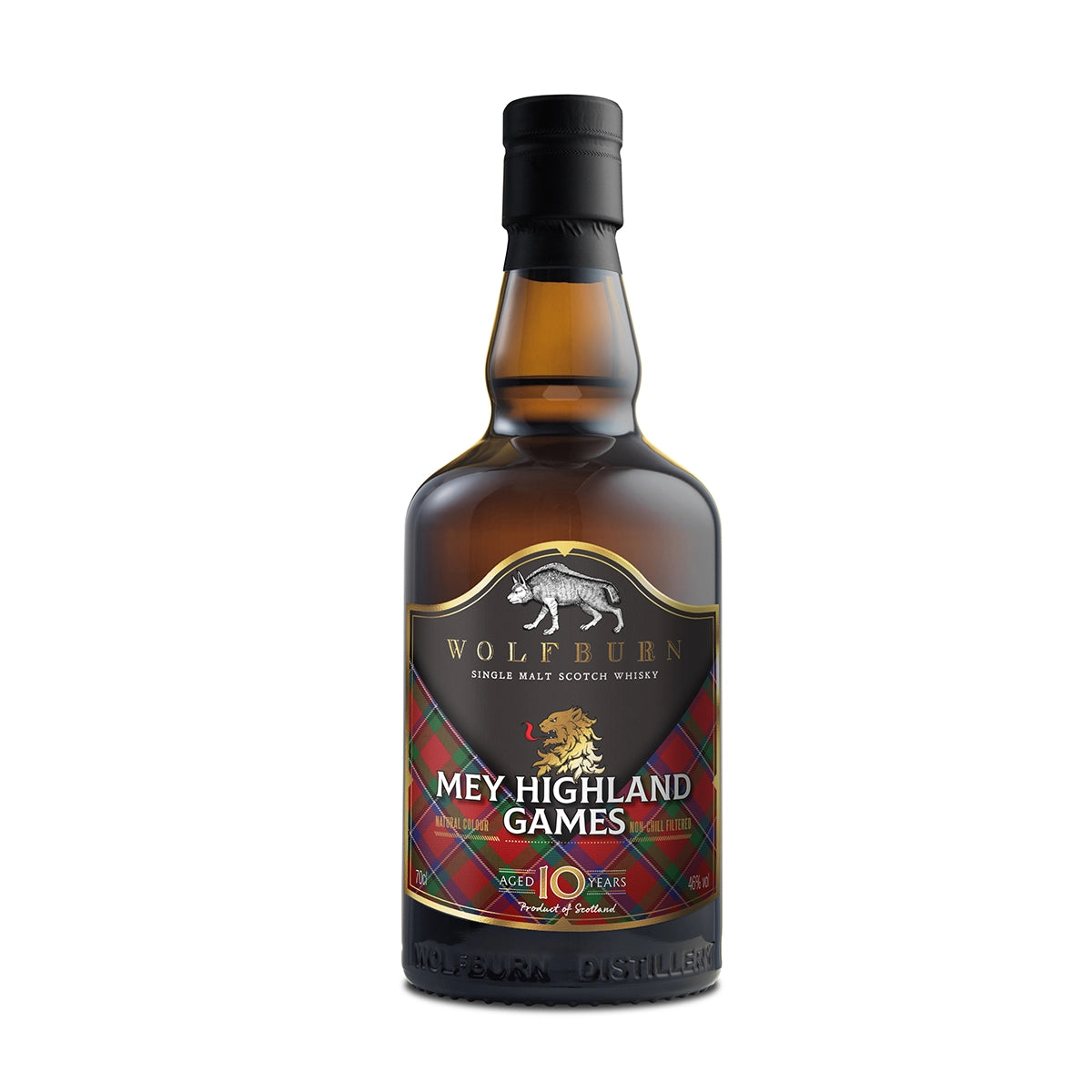 A bottle of Wolfburn 'Mey Highland Games' 10 Year Single Malt Scotch Whisky, featuring a dark amber glass bottle, black cap, and a label with a black background, white text, and a red tartan pattern.
