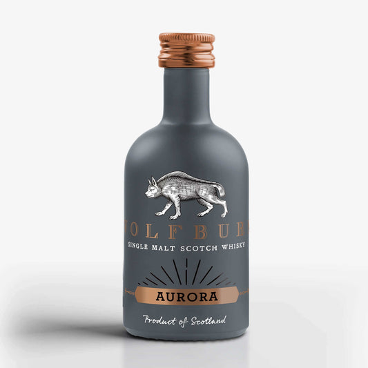 Aurora Single Malt Scotch Whisky Miniature bottle with dark design and copper cap, product of Scotland.