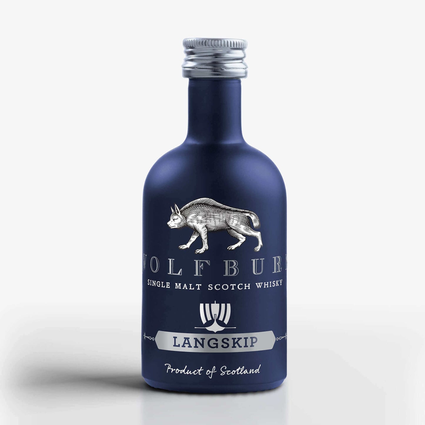 Langskip Single Malt Scotch Whisky Miniature 5cl bottle featuring a wolf design, 58% vol from Scotland.
