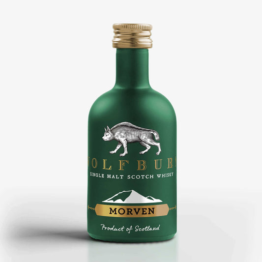 Morven Single Malt Scotch Whisky Miniature bottle with green design and gold accents, 46% vol, 5cl