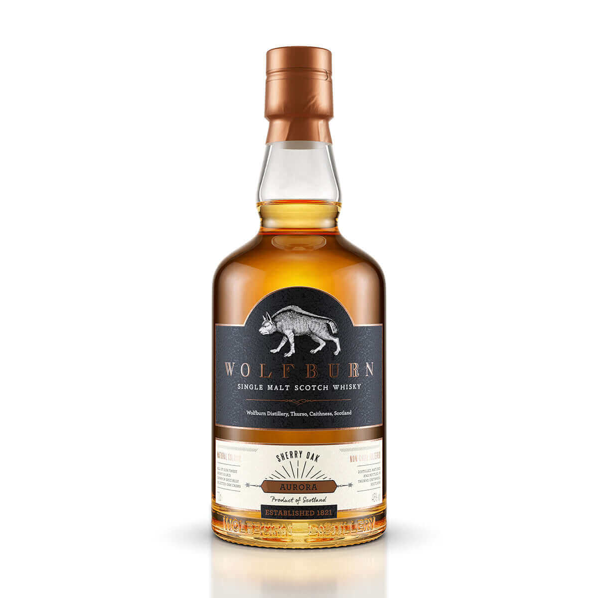 Wolfburn Aurora Single Malt Scotch Whisky bottle featuring a rich amber color and elegant packaging.
