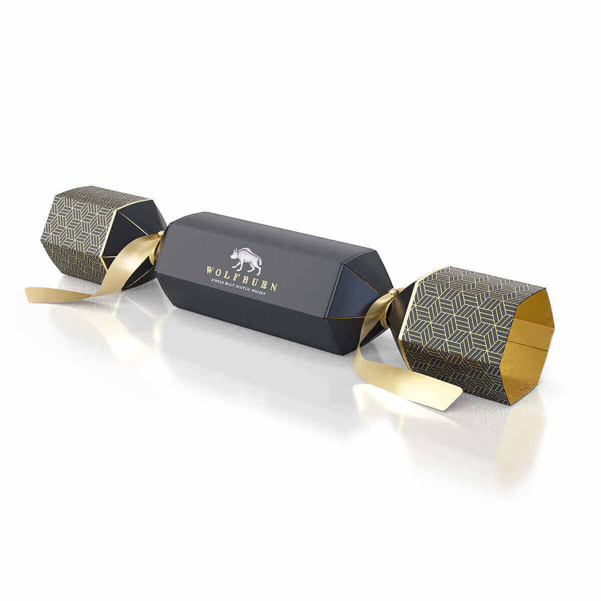 Decorative cracker with gold ribbon and 'Wolfburn' branding on a white background