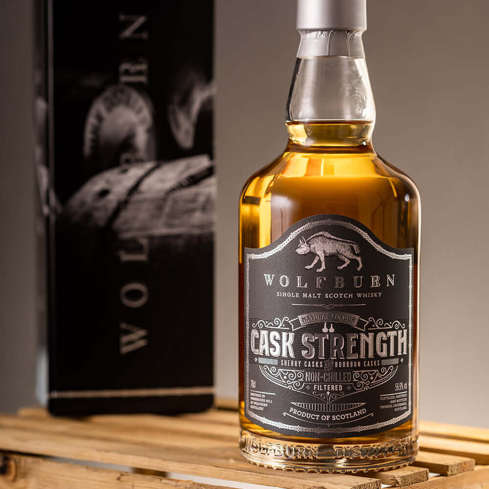 Cask Strength Single Malt Scotch Whisky bottle with Oloroso sherry and bourbon cask packaging.