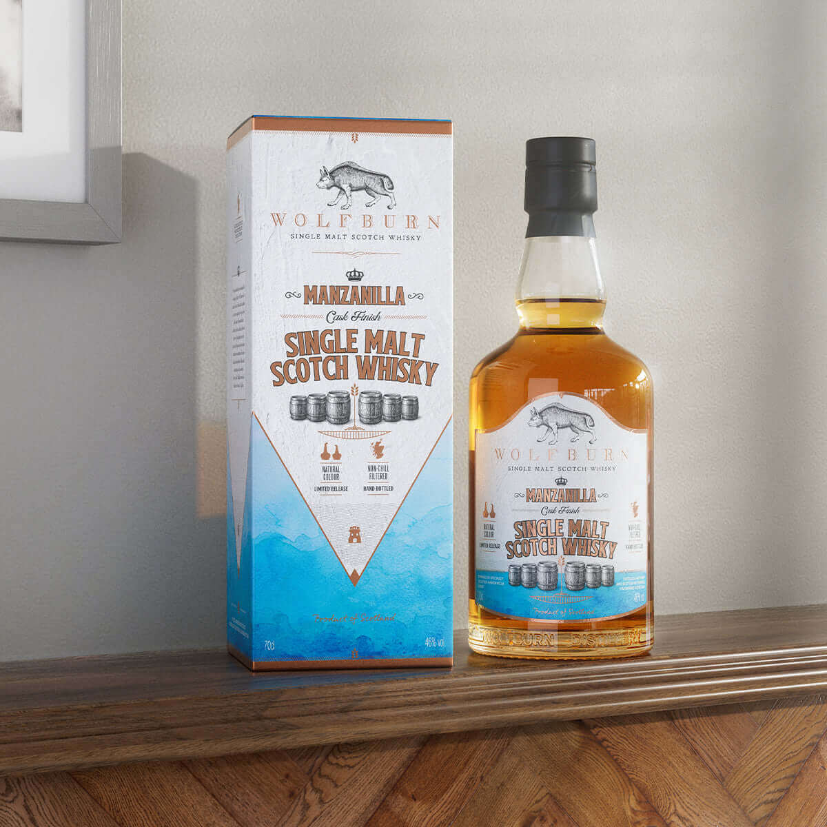 Wolfburn Manzanilla – 46% vol. 70cl These Manzanilla casks are made of the finest Spanish oak and were delivered to Wolfburn with an exquisitely dry nose. They were used to finish the whisky at the end of its maturation, resulting in a delightful, fruity,