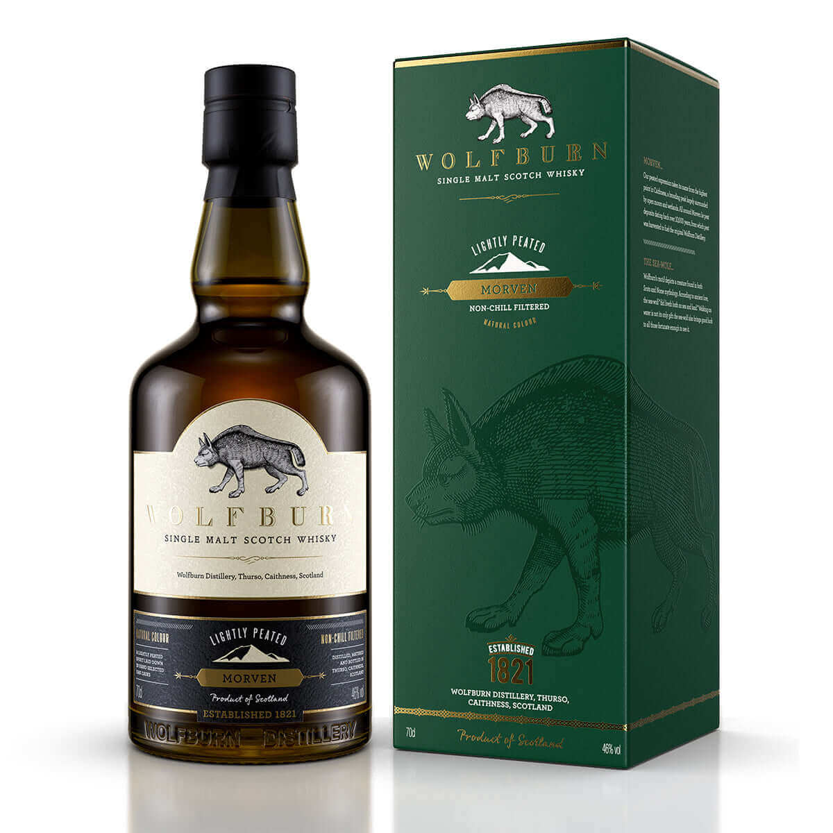Morven Single Malt Scotch Whisky bottle and packaging showcasing its lightly peated profile and heritage.