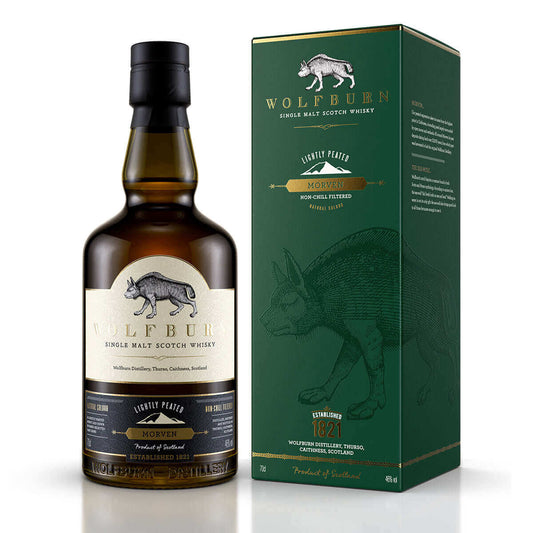 Morven Single Malt Scotch Whisky bottle and packaging showcasing its lightly peated profile and heritage.