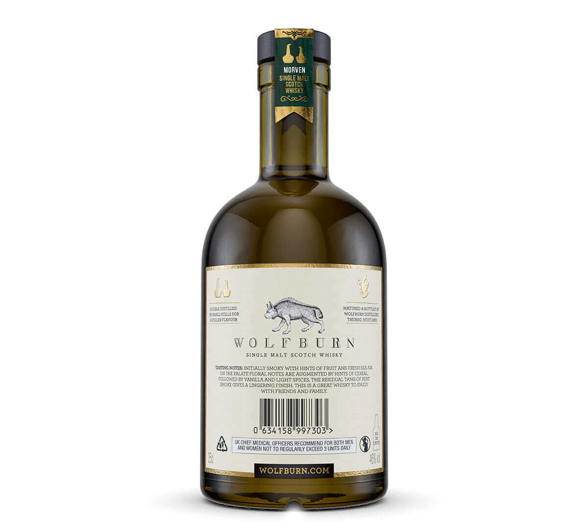Morven Single Malt Scotch Whisky bottle back view, showcasing its refined, gently smoked characteristics.