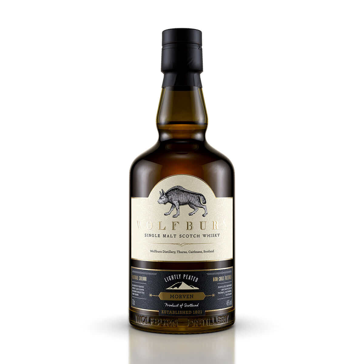 Morven Single Malt Scotch Whisky bottle, lightly peated, 46% vol, 70cl, from Wolfburn Distillery.