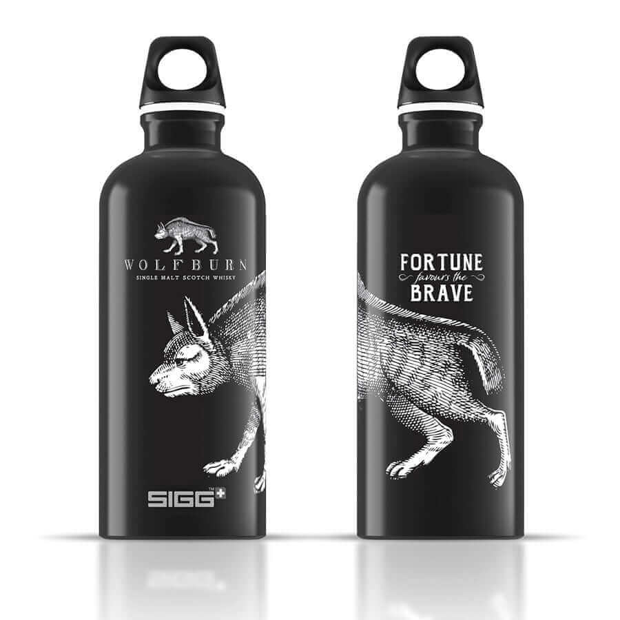 Wolfburn SIGG Water Bottle - black Our premium Wolfburn branded 600ml water bottles are manufactured in Switzerland in classic black. Made from high-quality aluminium in one piece, making it light and stable. It stays tight, even with carbonated drinks.