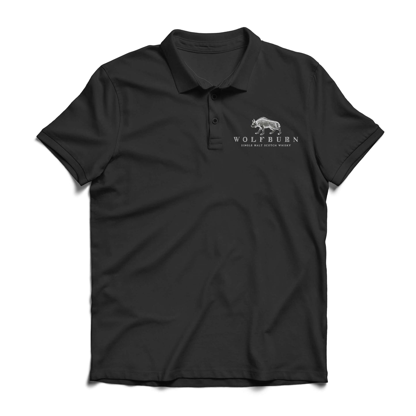 Black 100% cotton polo shirt with screen printed 'Wolfburn' logo on chest, featuring 'Made in Thurso' design on back.