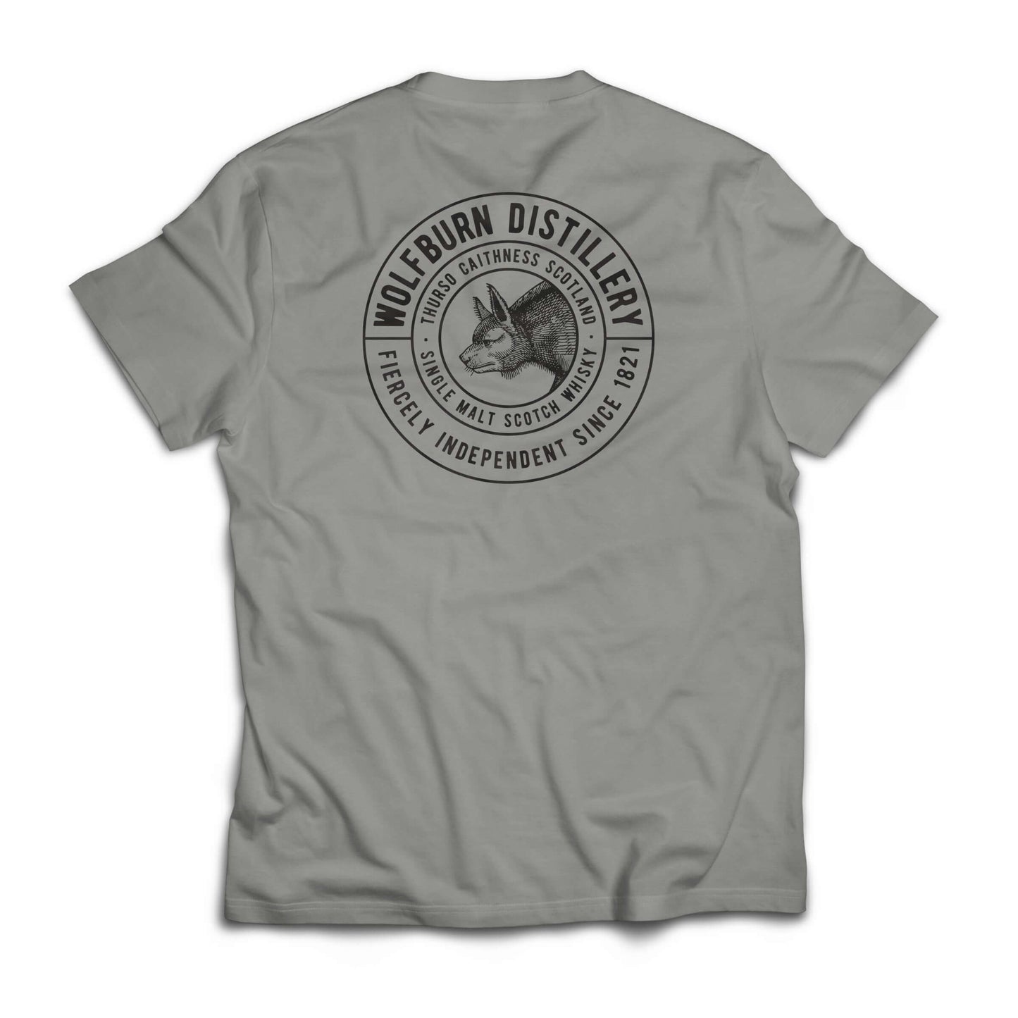 Back view of T-shirt 'Fiercely Independent' Grey featuring Wolfburn Distillery logo and motto.