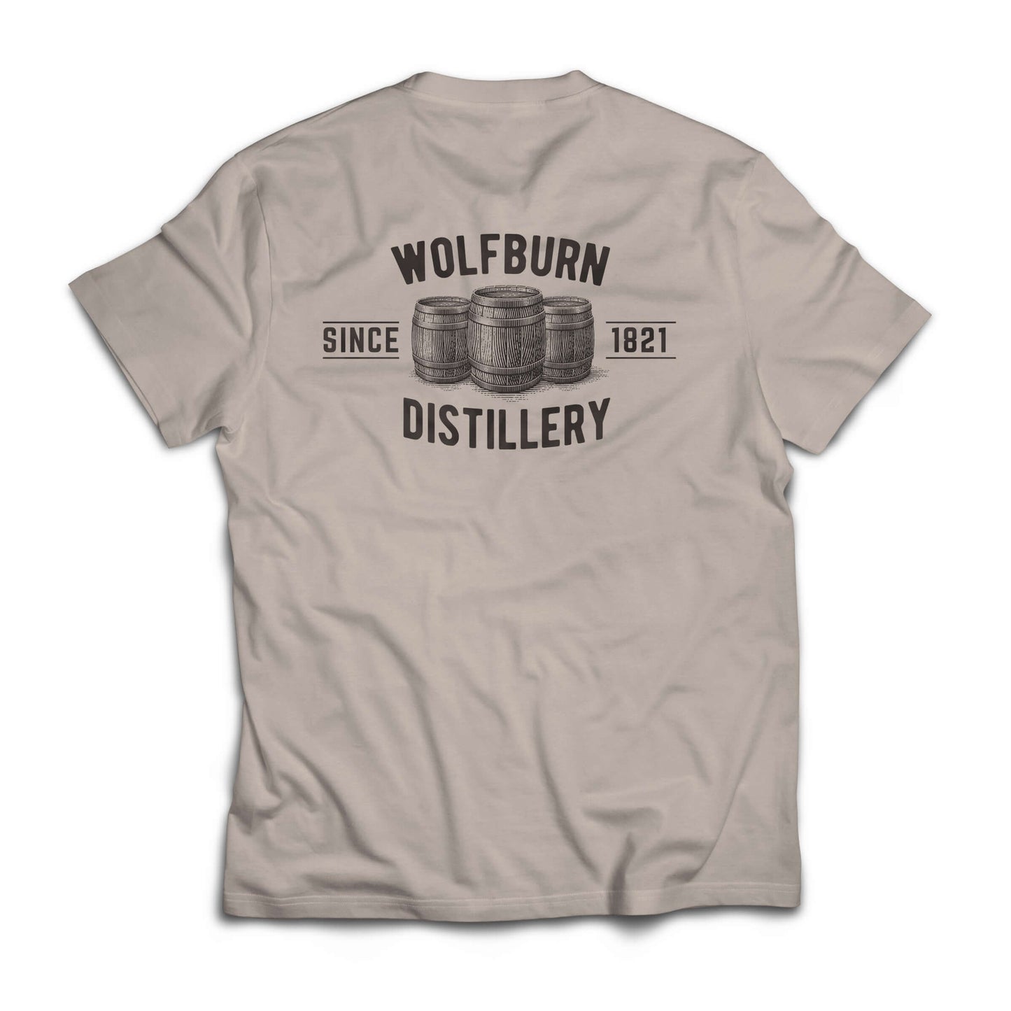 Bone cotton t-shirt with 'Wolfburn Since 1821' printed on the back, featuring Wolfburn logo.