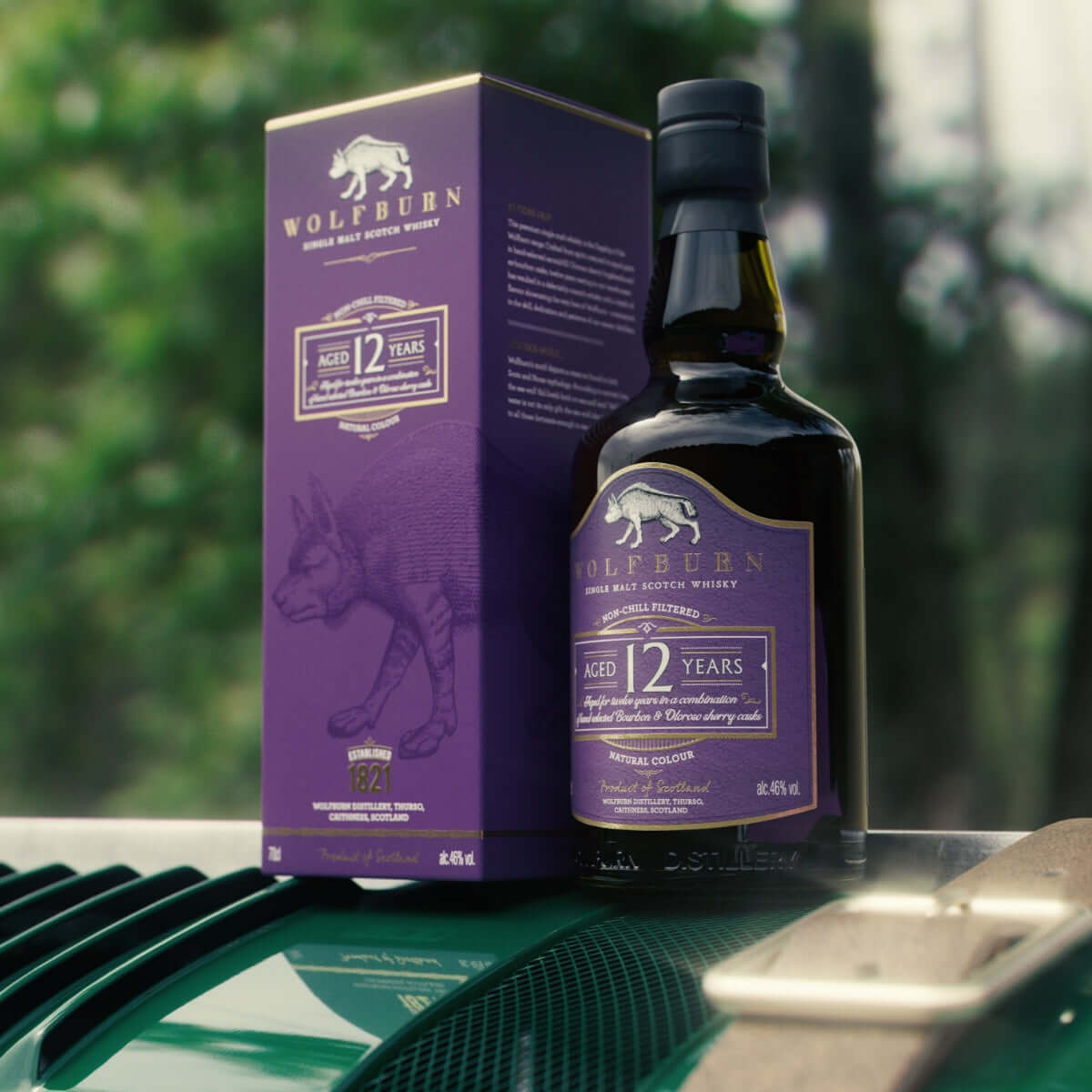 12 Year Old Single Malt Scotch Whisky bottle and box on a wooden table, showcasing premium whisky packaging.