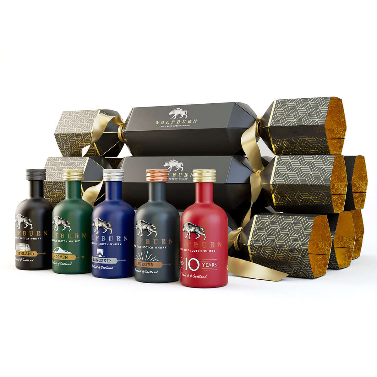 Set of Wolburn whisky Christmas Crackers and bottles on a white background