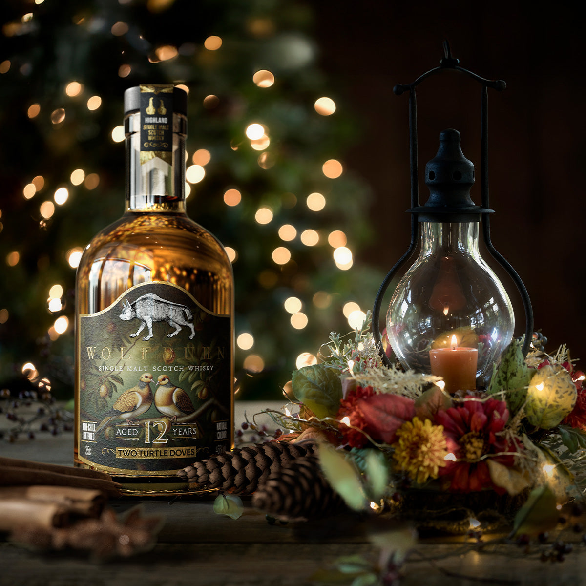 Single Malt Whisky bottle with decorative lantern and flowers against a festive background