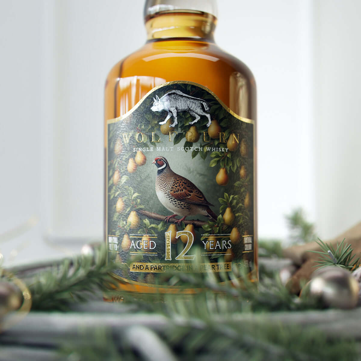 Whisky bottle with decorative label featuring a bird and pears, set against a blurred natural Christmas wreath background.