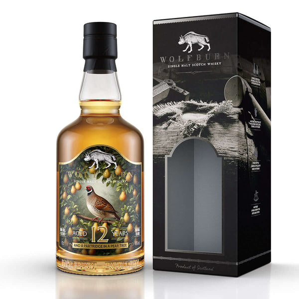 Bottle of "Partridge in a Pear Tree" Christmas Single Malt Whisky with packaging on a white background