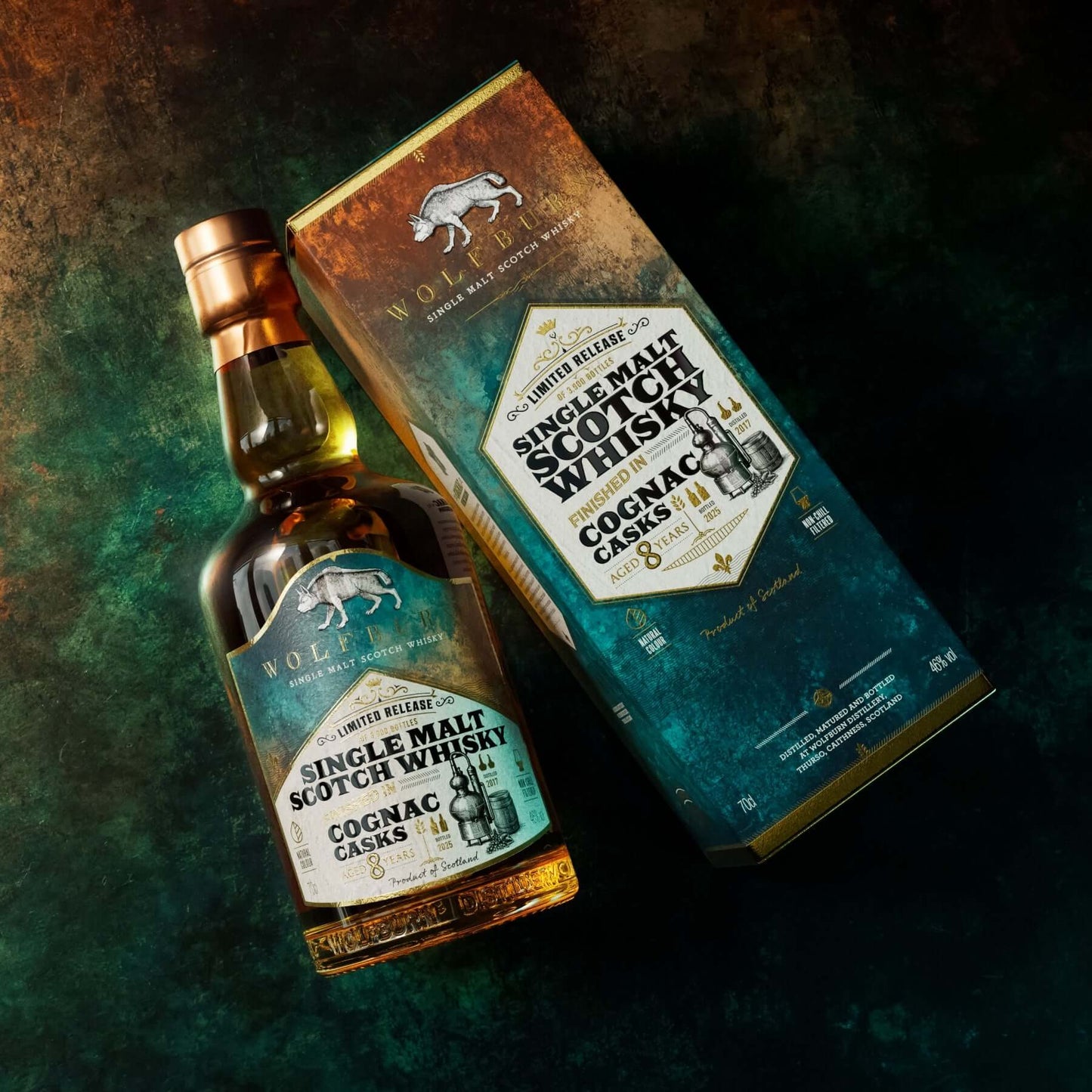 Wolfburn Cognac Cask Finished on rustic copper background