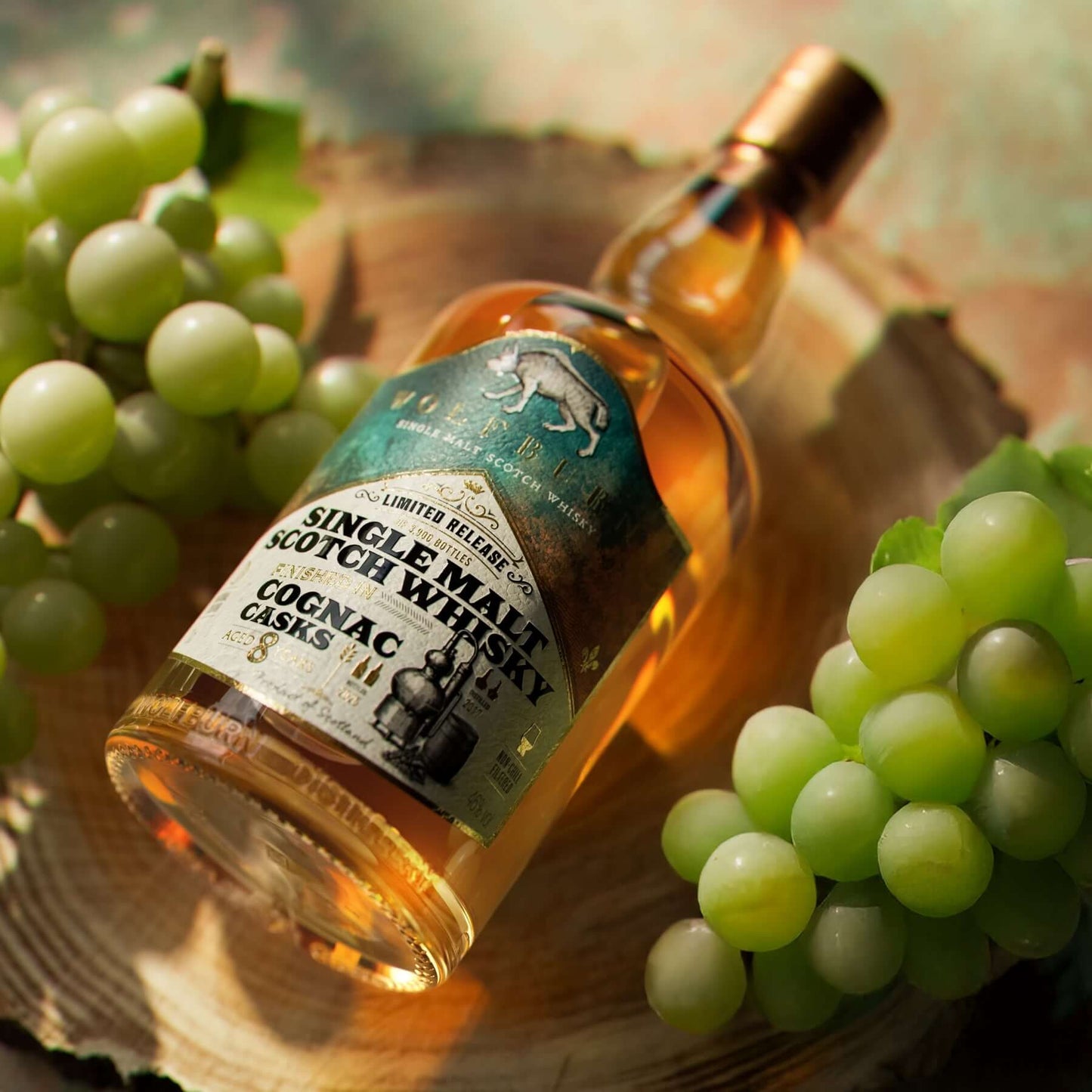 Wolfburn Cognac Cask Finished on oak stmp with grapes