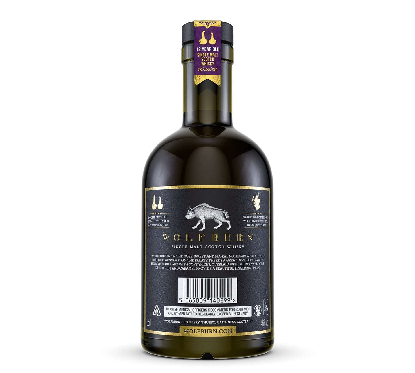 12 Year Old Single Malt Scotch Whisky 46 vol. 35cl bottle back view with black label and gold accents.