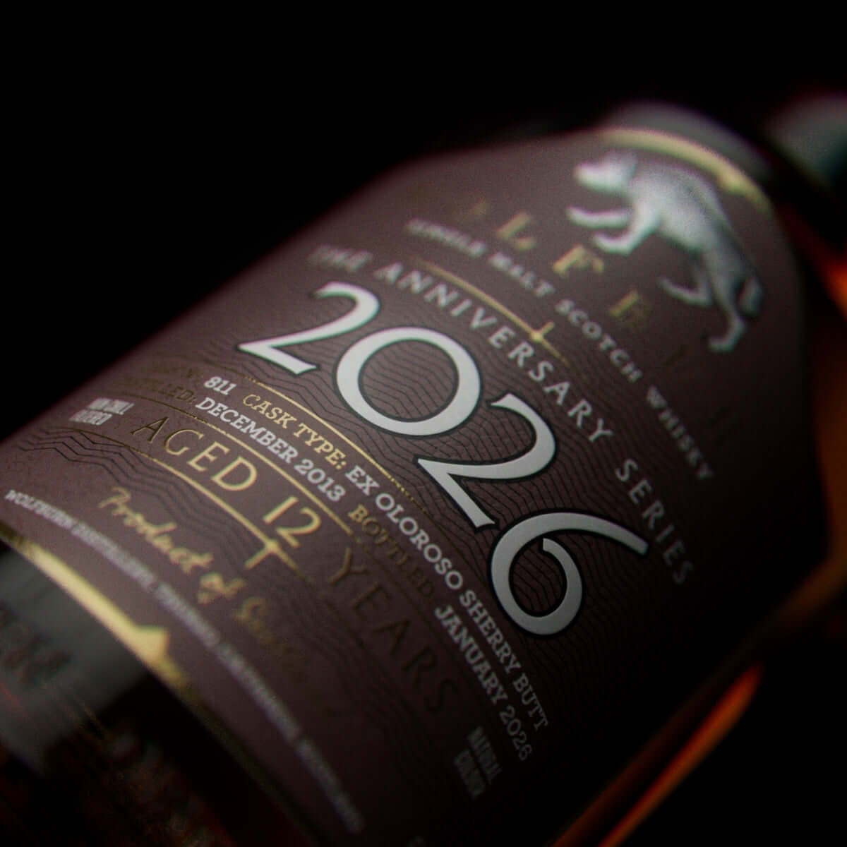 Close-up of a Wolfburn Single Malt Scotch Whisky label for the 2026 matured in an Ex-Oloroso Sherry Butt.