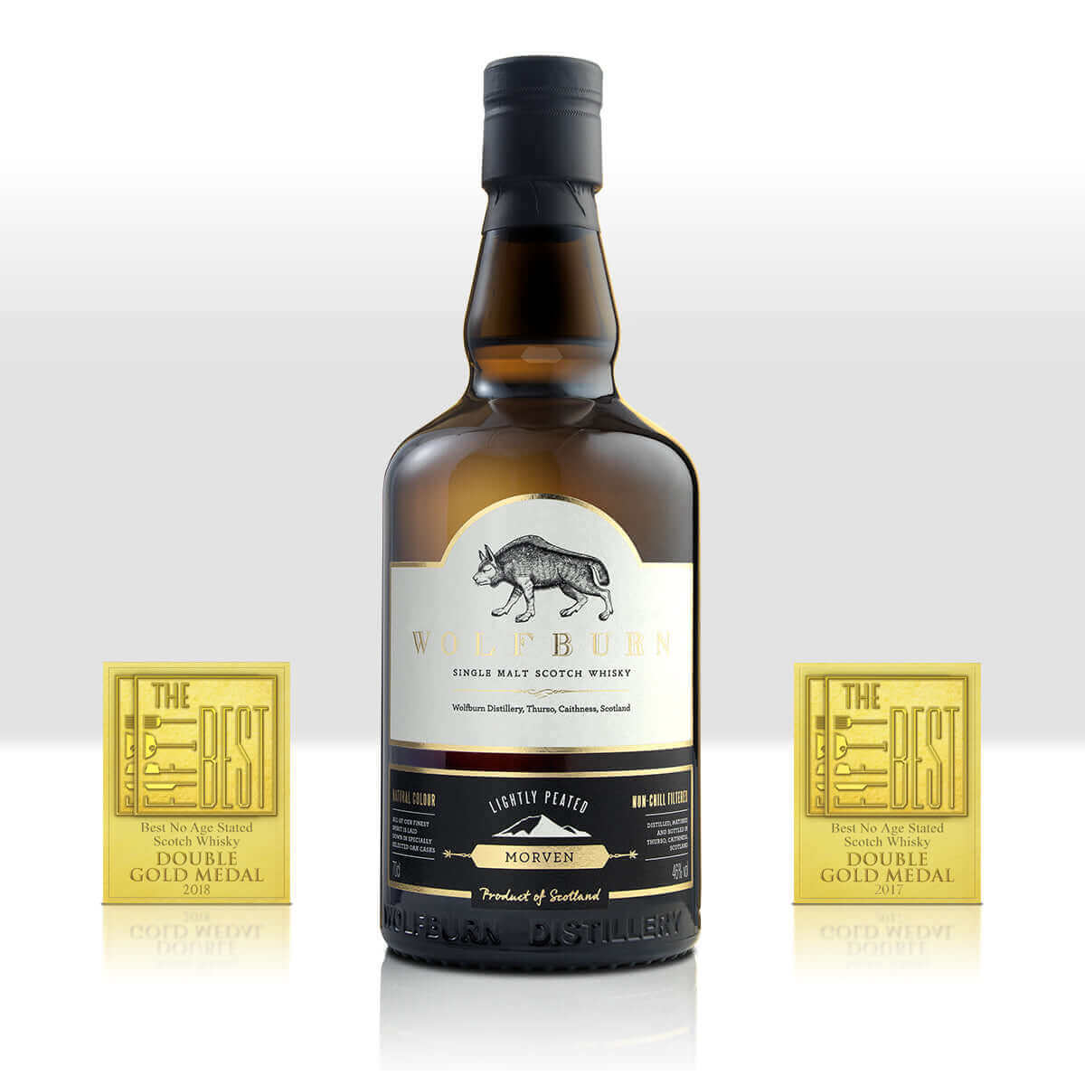 Morven Single Malt Scotch Whisky bottle with double gold medal awards displayed.