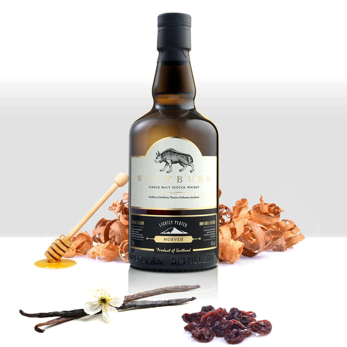 Morven Single Malt Scotch Whisky bottle with honey, vanilla, and dried fruits, showcasing its lightly peated character.