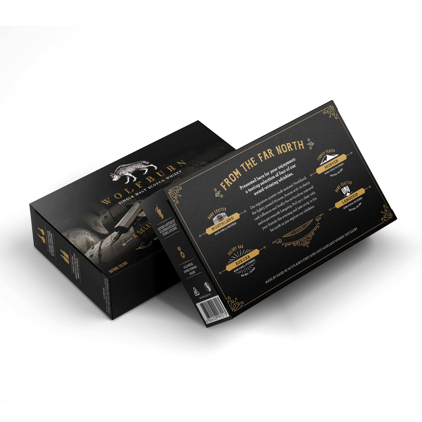 Miniature Single Malt Scotch Whisky Gift Set packaging featuring Wolfburn brand details and product information.