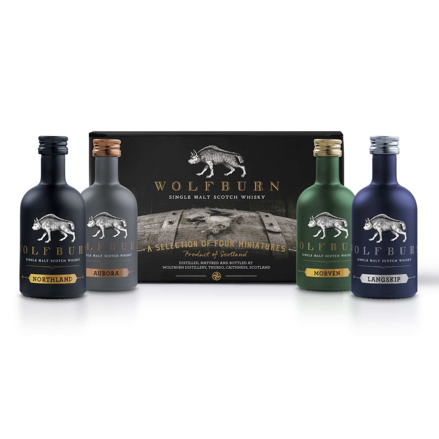 Wolfburn Distillery Miniature Whisky Quad Pack These four conveniently-sized 5cl bottles are a perfect gift for someone special. Or for yourself as a tasting treat, featuring the four core expressions of Wolfburn. £160.00
