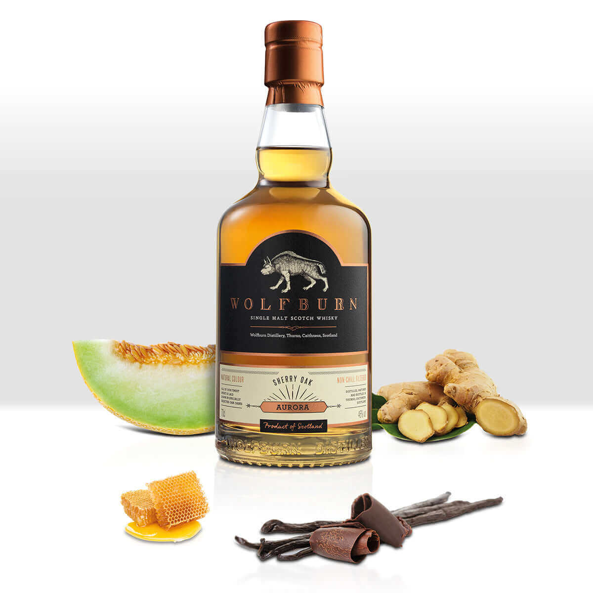 Wolfburn Aurora Single Malt Scotch Whisky with tasting notes of ginger, vanilla, and melon, showcasing a fine bottle display.