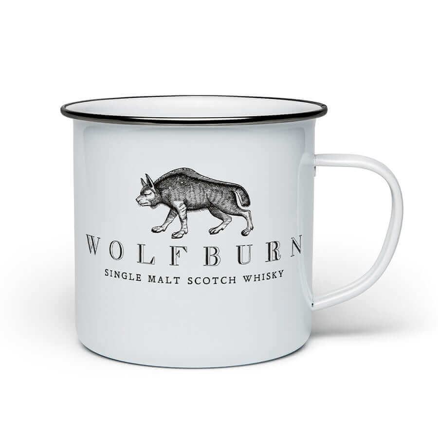 Wolfburn Enamel Mug - White Our Wolfburn branded ‘Fortune Favours the Brave’ 11oz Enamel Mug is hand-enamelled to add to its unique charm. The Mug body is made using durable carbon steel which is enamel glazed, and complete with a 304 food-grade stainless