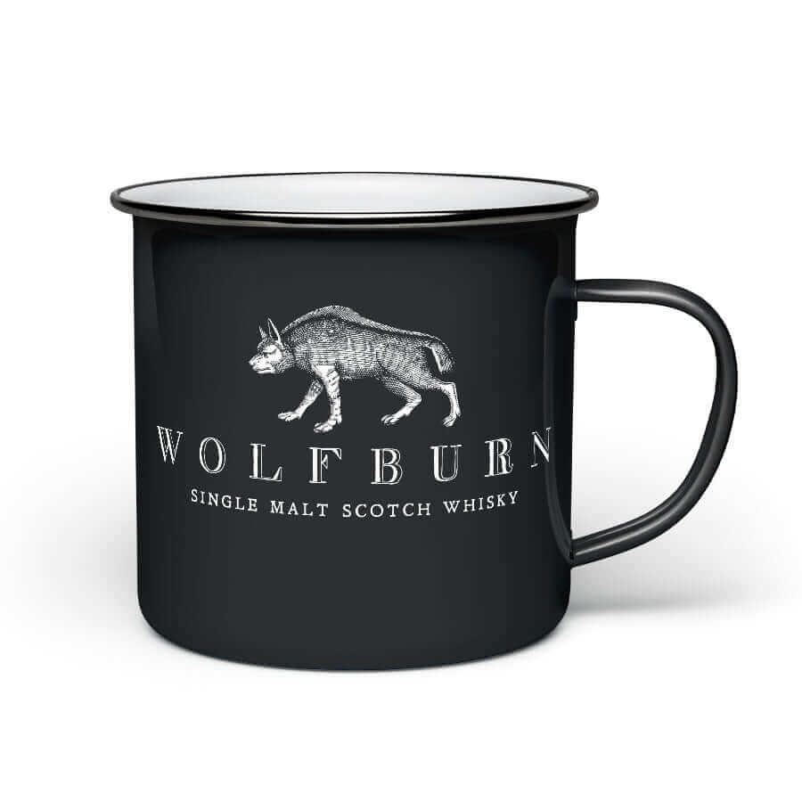 Wolfburn Enamel Mug - Black Our Wolfburn branded ‘Fortune Favours the Brave’ 11oz Enamel Mug is hand-enamelled to add to its unique charm. The Mug body is made using durable carbon steel which is enamel glazed, and complete with a 304 food-grade stainless