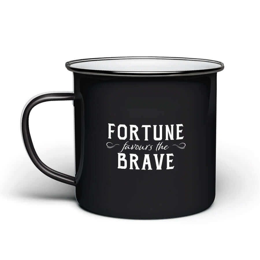 Wolfburn Enamel Mug - Black Our Wolfburn branded ‘Fortune Favours the Brave’ 11oz Enamel Mug is hand-enamelled to add to its unique charm. The Mug body is made using durable carbon steel which is enamel glazed, and complete with a 304 food-grade stainless