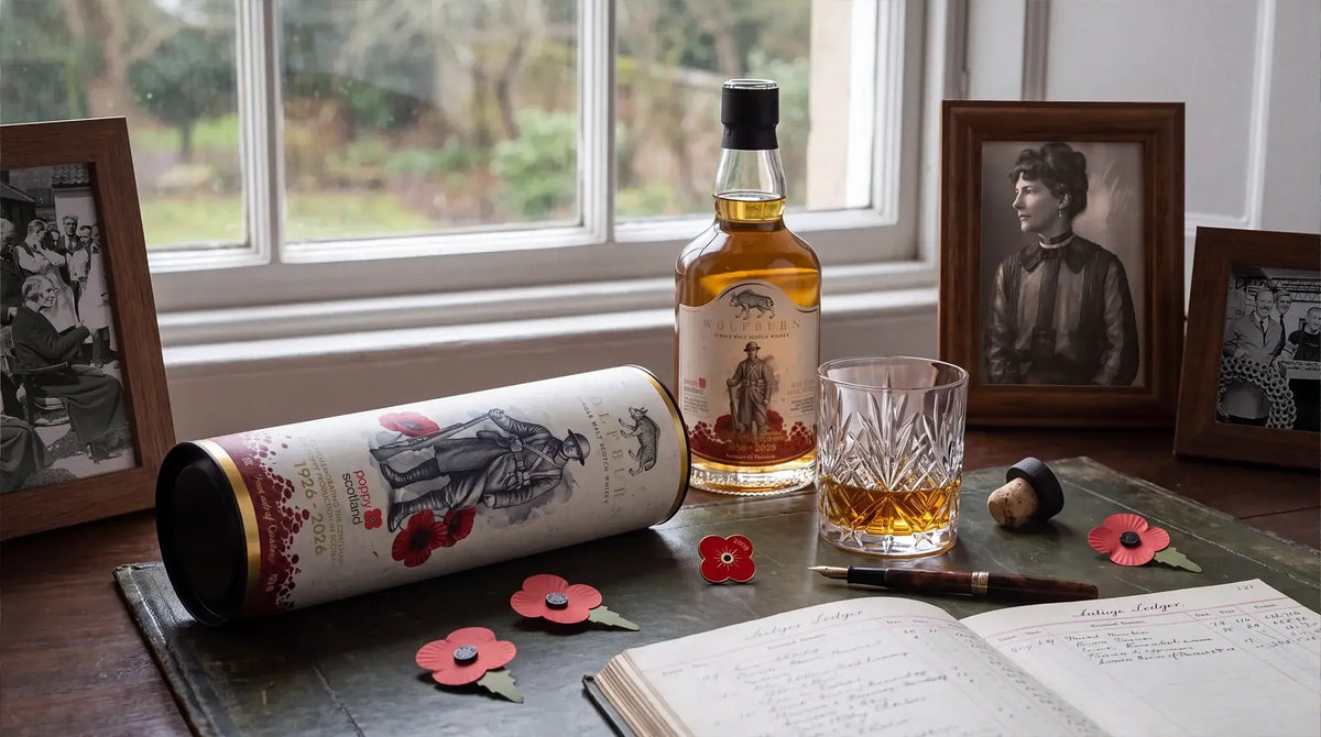 A Century of Remembrance displayed with a bottle of whisky, vintage photos, and red poppy flowers on a writing desk.