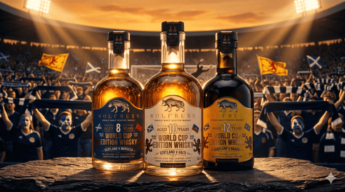 Three bottles of Wolfburn World Cup Edition Single Malt Scotch Whisky with a football stadium background in America