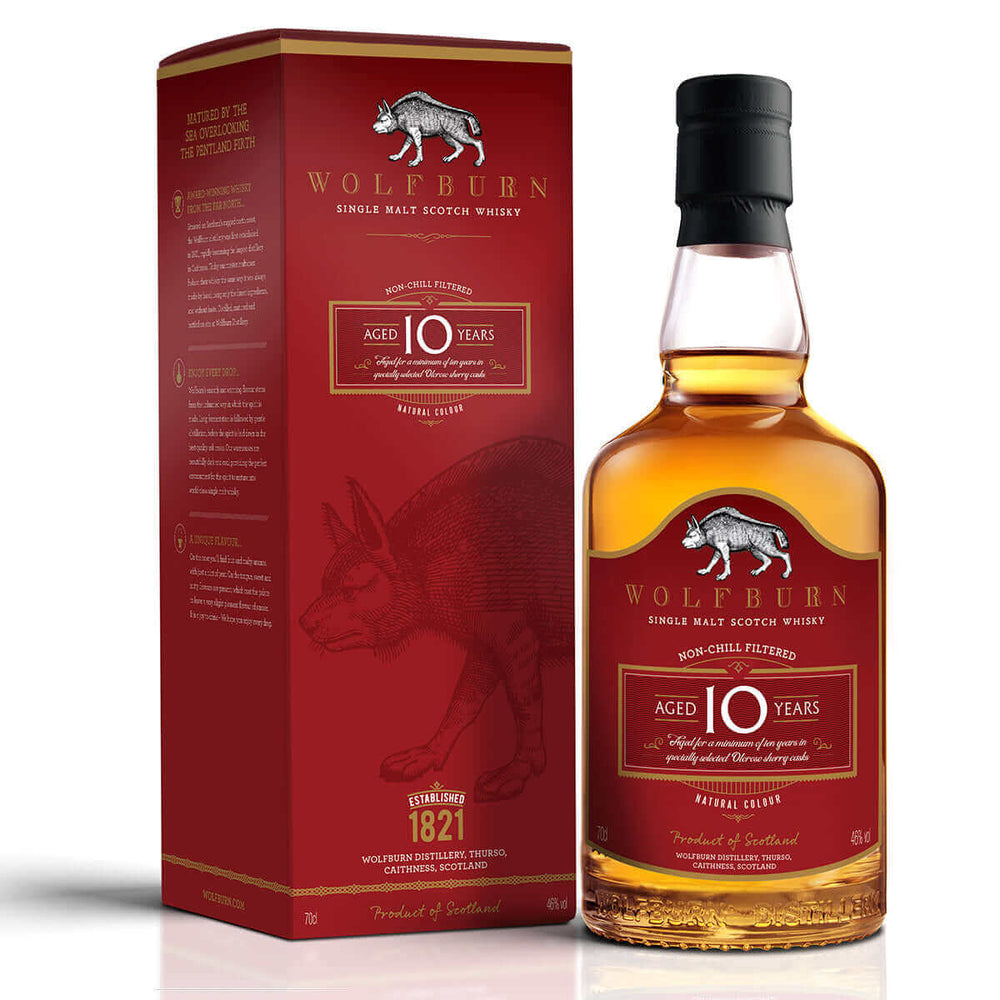 Wolfburn Distillery 10 Mixed case of 6 A mixed case showcasing the full Wolfburn range. From the refined 10-year-old age statement to the exquisite cask strength, indulge in the finest flavours that Wolfburn has to offer. More information and tasting note