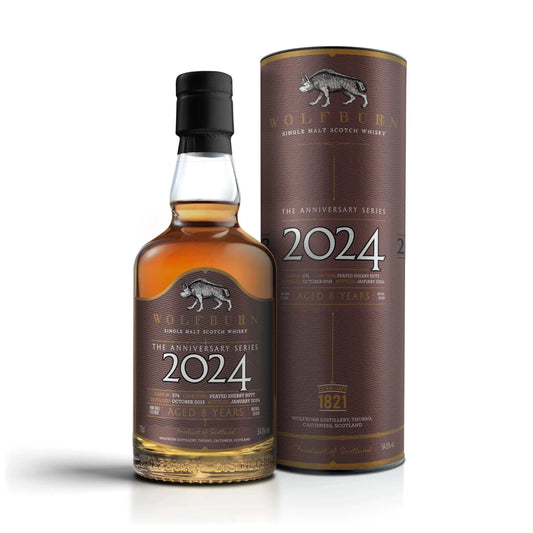 Wolfburn 2024 Anniversary Series - 54.8% vol. 70cl Matured in a single second-fill Oloroso sherry butt, hand-selected by our master distiller, this refined whisky is a reflection of the passion and excellence for which Wolfburn is renowned. A shade over 8