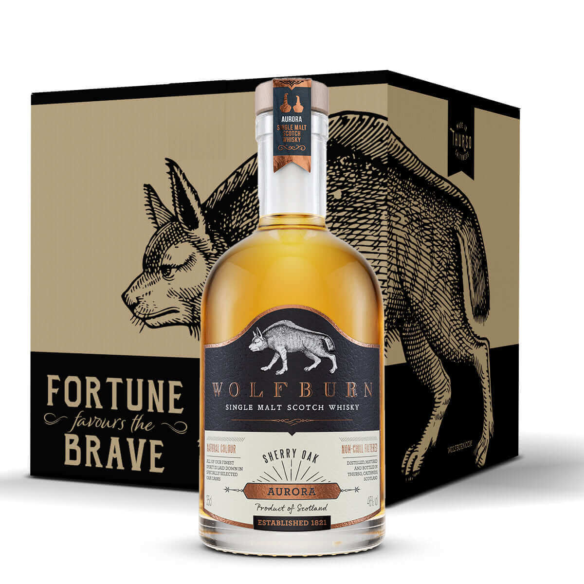 Wolfburn Aurora 35cl (Case of 6) This beautiful sherried whisky is made from spirit laid down in a combination of bourbon and Oloroso sherry casks. Benefitting from long fermentation and slow, gentle distillation, the spirit is laid down on-site in our pu