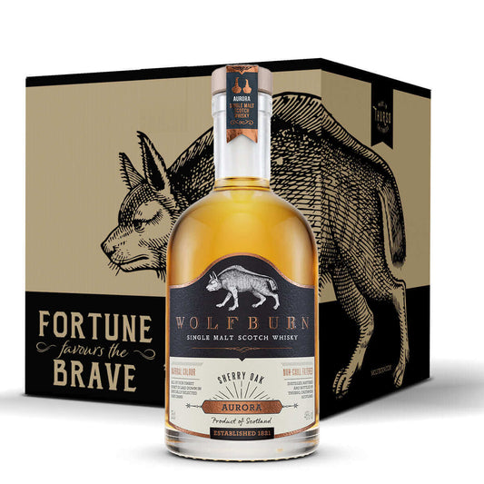 Wolfburn Aurora 35cl (Case of 6) This beautiful sherried whisky is made from spirit laid down in a combination of bourbon and Oloroso sherry casks. Benefitting from long fermentation and slow, gentle distillation, the spirit is laid down on-site in our pu