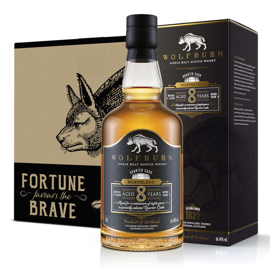 Wolfburn 8 Year Old Northland single malt whisky – smooth, warming dram matured in American oak quarter casks for rich flavour.